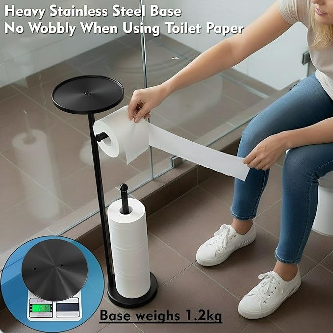 Toilet Paper Holder with Shelf, Tissue Roll Holder Stand with Storage Space for Holding Extra 4 Toilet Paper Rolls, Stainless Steel Rustproof Freestanding (Black Matte)