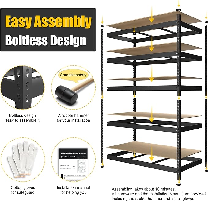 PrimeZone 8 Pack Heavy Duty Storage Shelves - 47"W x 18"D x 71"H 5 Tier Adjustable Garage Storage Shelving, Metal Utility Rack Organizer Shelf Unit for Warehouse Pantry Closet Kitchen Basement, Black
