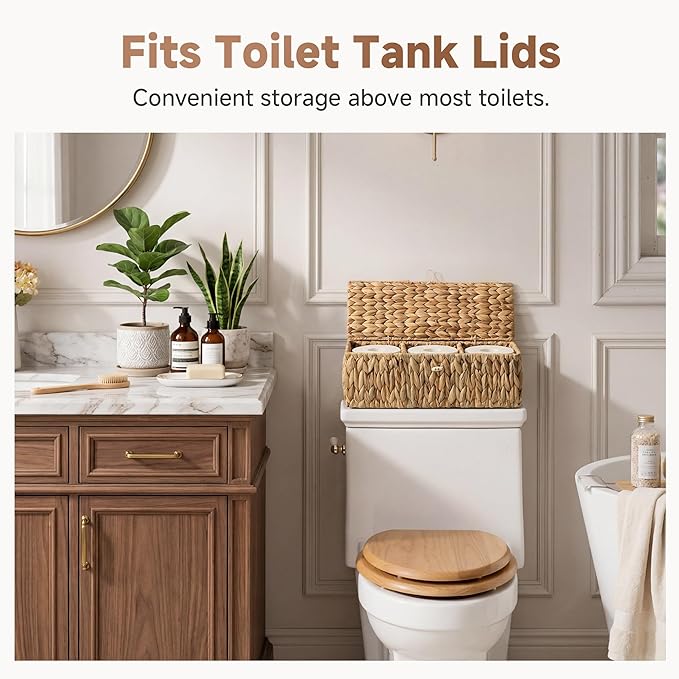 StorageWorks Toilet Paper Storage Basket with Lid, Large Wicker Baskets with 3 Compartments, Water Hyacinth Toilet Tank Basket for Shelves, Bathroom Organizer, 16½"x 5½"x 5½, 1-Pack
