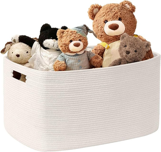 45L Small Baby Girls Laundry Basket for Nursery Storage,Cute Woven cotton Rope Baskets for Kids Toy，Gifts,Boho Square Wicker Blanket hamper for Living Room,Bedroom Dirty Clothes, White