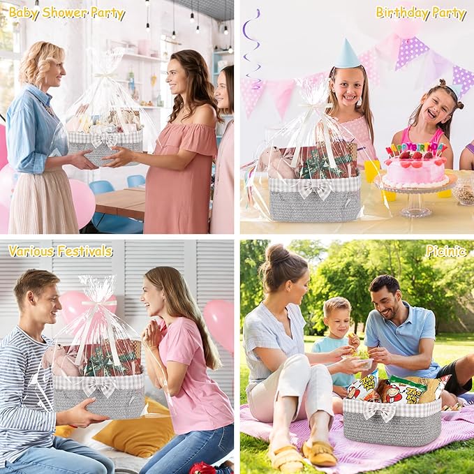 OIASKET Basket for Gifts Empty, Large Gift Basket 13L with Gift Bag and Ribbon, Woven Cotton Basket for Baby Showers, Birthday, Wedding, Mother's Day, 13.58"x10"x5.9", Gray
