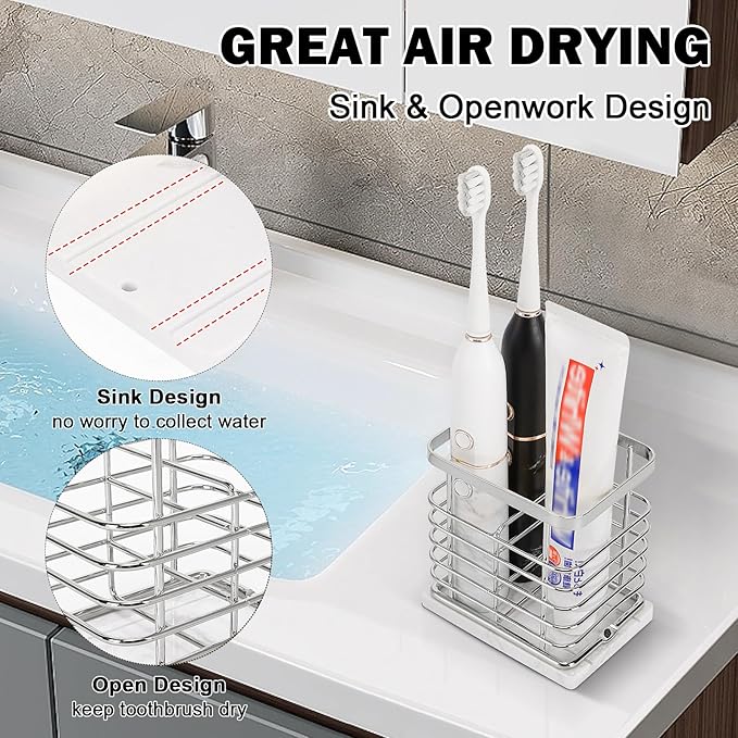 Toothbrush Holder, Luxurious Metal Toothbrush Toothpaste Holder with Marble Base for Bathroom, Multi-Slots Openwork Design, Bathroom Accessory for Storage and Organizer (Small, Chrome)