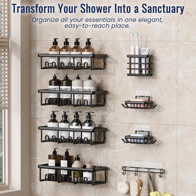 8 Pack Adhesive Rustproof Shower Shelves with Soap Dishes, Toothbrush Holder & Hooks, Large Capacity No-Drilling Shower Shelves Rack for Bathroom Organizers and Storage Accessories, Black