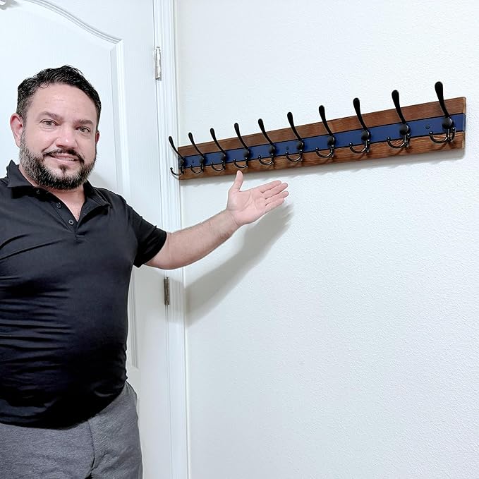 SKOLOO Rustic Wall Mounted Coat Rack - 38-1/8" Long Coat Hooks for Wall with 10 Triple Hooks for Hanging Coats, Hats or Tools, Western National Parks Collection, Wood Brown & Blue