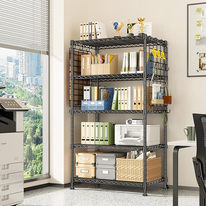 DurayLoly Storage Shelves with Hooks, Metal Shelving 5 Tier Adjustable, 2 Side Panels, Shelving Unit Easy Assemble, Storage Rack 530LBS, Wire Shelving for Kitchen, Pantry, 29.5" W x 11.8" D x 59.1" H