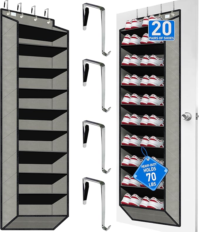Over the Door Shoe Organizer, Large Shoe Rack for Door 10 Tiers, Heavy Duty Metal Hanging Hook for Shoe Storage, Space Saving Shoe Holder Fits All Family Heels Boots Sneakers - Dark Black