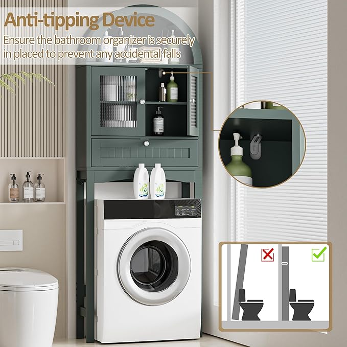 Spurgehom Over The Toilet Storage Cabinet, Bathroom Shelf Organizer Freestanding, Bathroom Arch Cabinet Over Toilet with Glass Door and Anti-Tipping Device, Green