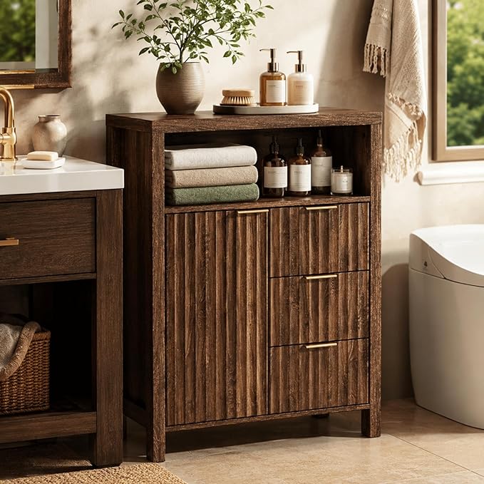 VINGLI Bathroom Floor Storage Cabinet with 3 Drawers, Modern 32" Freestanding Short Storage Organizer with Fluted Door & Adjustable Shelf, 12 Inch Deep Walnut Wooden Console for Small Space