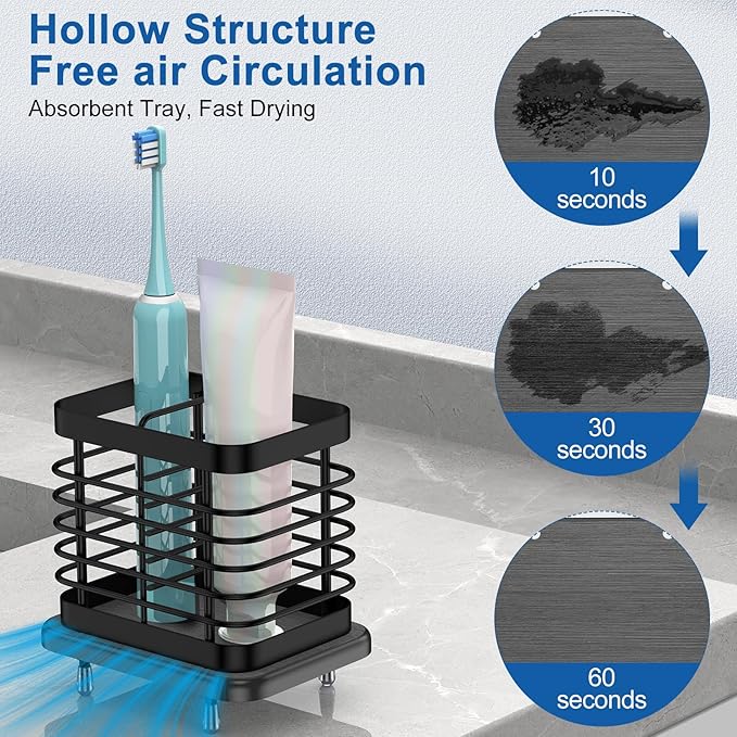 Toothbrush Holders for Bathroom, Adhesive Electric Toothbrush Holder with Fast Dry Tray Wall Mounted Toothbrush Holder Shower Toothpaste Bathroom Organizer Essentials, 2 Slots, Black