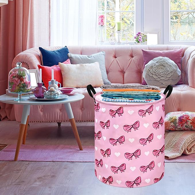 Kids Laundry Hamper Storage Basket Laundry Organizer Hamper Storage Bins Clothes Box Nursery Hamper Gift Basket with Handles (Bowknot)