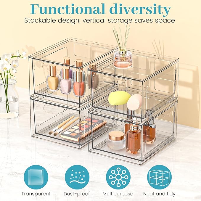 SpaceHacks 6 Pack Stackable Plastic Makeup Organizer Drawers, Acrylic Organizers, Clear Storage Bins with Pull-Out Handles for Vanity, Kitchen Cabinets, Pantry