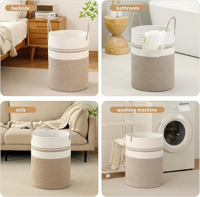 Laundry Basket Hamper Tall Rope Storage Woven for Blanket toys Dirty Clothes in Living Room Bathroom Bedroom (Brown&White, 80L/21.3Gal)