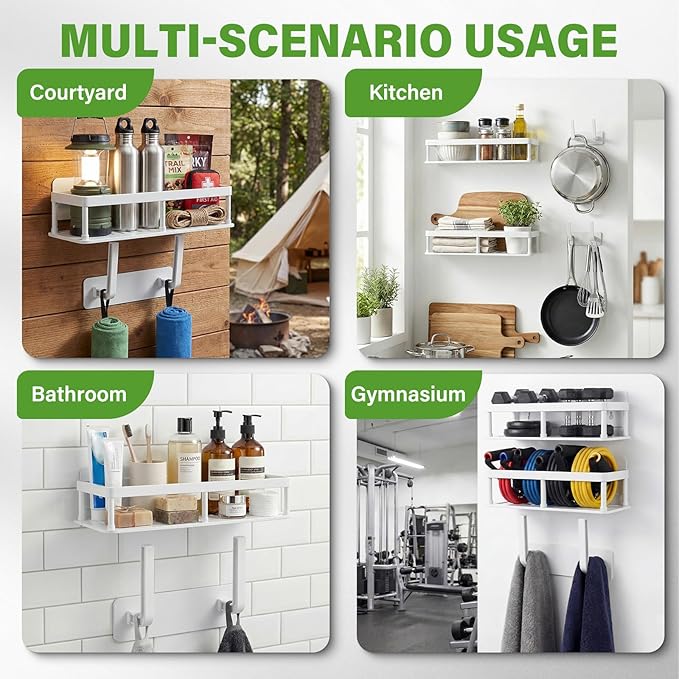 ACEXINYAN Shower Caddy Adhesive, Self-Adhesive Bathroom Shelves Basket, 2 Pack Large Capacity Shower Shelve with Hook Rack, No Drilling Bathroom Organizers and Storage for Home Decor (4, White)