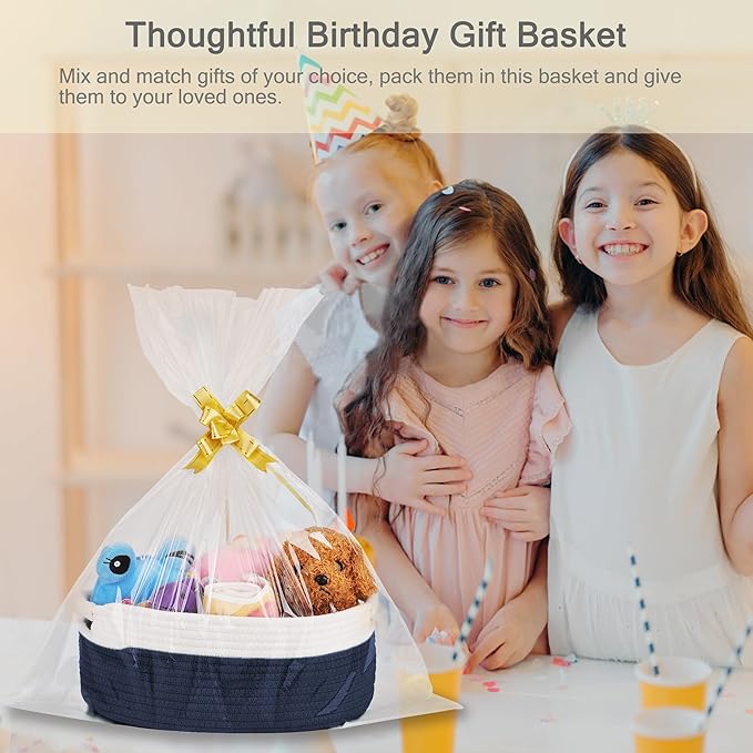 Small Woven Basket with Gift Bags and Ribbons, Empty Baby Gift Baskets for Kids Women Men, Shelf Storage, Small Cat Dog Pet Toy Boxes, 13”x 9”x 5.5”, Navy Blue