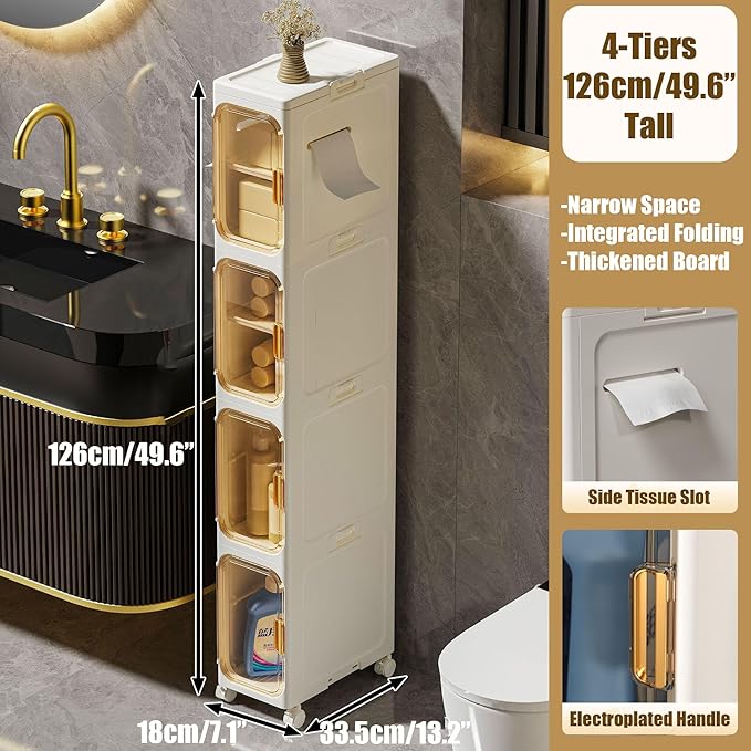 Slim Bathroom Storage Cabinet, Foldable & Movable Narrow Storage Organizer for Small Spaces, Bathroom, Kitchen, Laundry Room, Living Room (4-Tier)