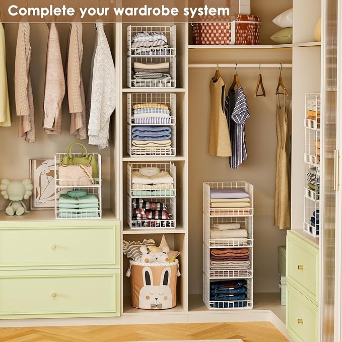 4-Tier Stackable Closet Organizers and Storage Baskets, Closet Shelf Organizer, Space-Saving Clothes Storage Drawer, Foldable Clothes Storage Bins for Closet Organizer System, White(Patent 30022416)