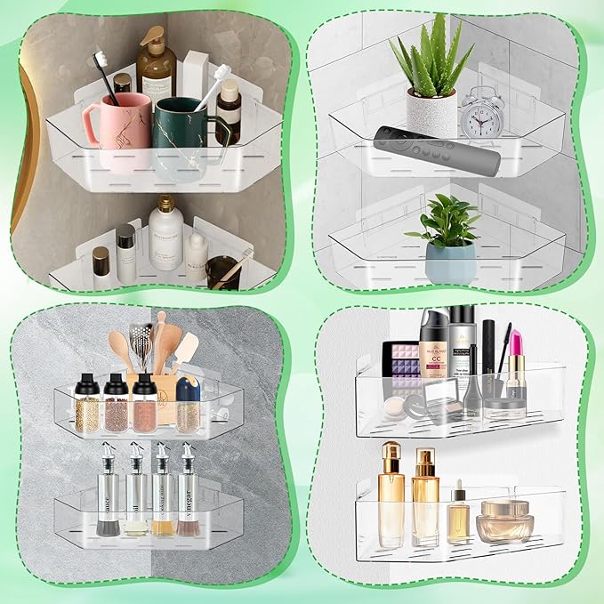 2 Pack Acrylic Corner Shower Caddy, Adhesive Shower Organizer Bathroom Organizer Shelves Bath Toy Holder Storage for Bathroom