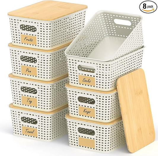 Stackable Storage Basket: Plastic Baskets Bins, Baskets for Organizing, Pantry Decorative Containers for Closets, Cabinets, Shelves(8 Pack, White)
