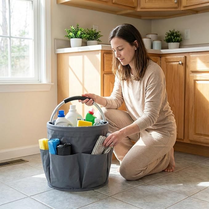 Cleaning Bucket, Cleaning caddy with Handle,17L Foldable Storage Basket 600D Oxford Fabric, 6 Pockets Portable Multi-Use Organiser for Home, Garden, Camping,Grey