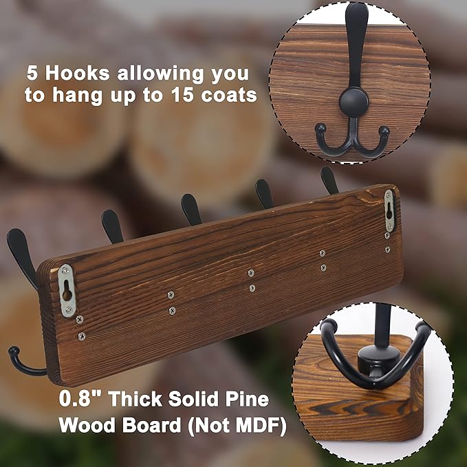 Dseap Coat Rack Wall Mounted - 5 Tri Hooks, Heavy Duty, Wooden Wall Coat Hanger Coat Hook for Clothes Hat Jacket Clothing, Natural & Black, 2 Packs
