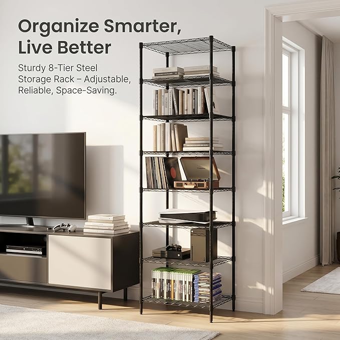 Finnhomy Heavy Duty 8 Tier Wire Shelving, 24x24x80.3 inches 8 Shelves Storage Rack with Thicken Steel Tube, Pantry Shelves for Storage, Adjustable Metal Shelving Unit, NSF Certified, Black