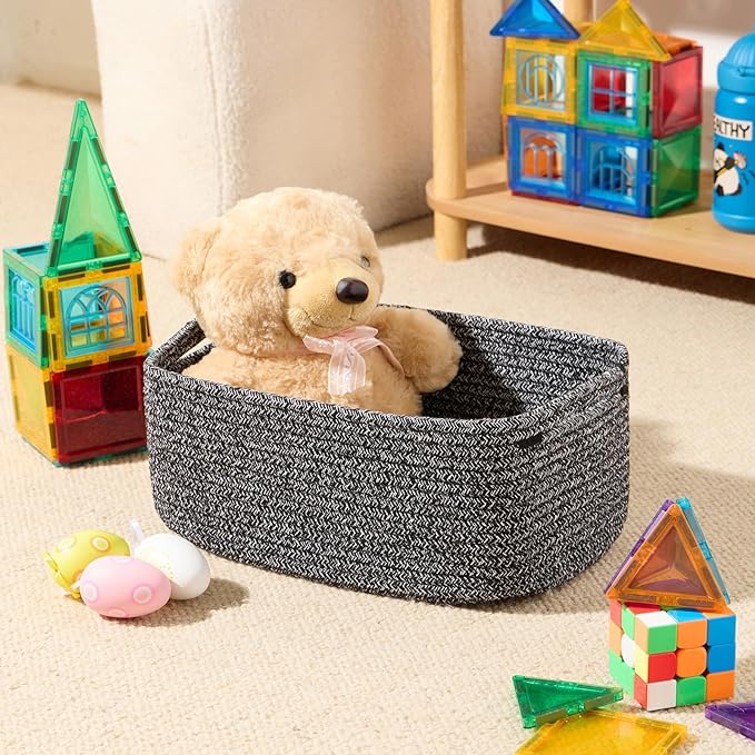 MiniArk Small Storage Baskets for Organizing | Closet Organizer Bins | Shelf Toy Basket | Woven Rope Baskets | Cube Decorative Box | Shallow Basket | 13x8.5x5.1” | 3 Packs Dark Gray