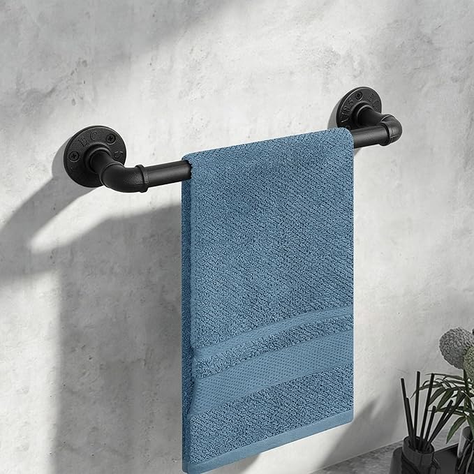 Industrial Pipe Towel Rack Towel Bar, Heavy Duty Wall Mounted Rustic Farmhouse Bath Towel Holder for Bathroom (Black, 12 inch)