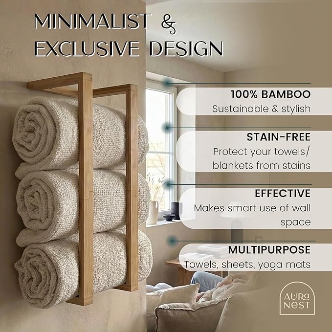 Bamboo Towel Racks - Vertical Wood Towel Rack Bamboo Bathroom Accessories, Storage, Wall Towel Rack for Rolled Towels for Bathroom Furniture, Spa Furniture and Decor