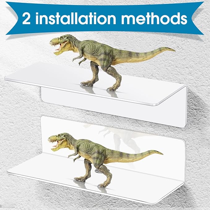 Maitys 8 Pcs Acrylic Floating Shelves 9 Inches Adhesive Wall Mounted Shelves No Drill Hanging Acrylic Wall Display for Living Room Bathroom Bedroom Kitchen Office