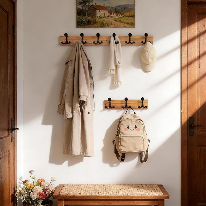 SKOLOO 36-Inch Wood Coat Rack Wall Mount with 6 Triple Hooks - Ideal for Family Entrances, Classrooms, and Pet Supplies Storage - Perfect Coat Hooks for Wall, Black on Natural