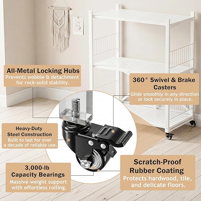 Folding Storage Shelves No Assembly, 3 Tier Foldable Shelves with Wheels, Collapsible Rolling Storage Rack for Pantry Laundry Room Small Spaces, White