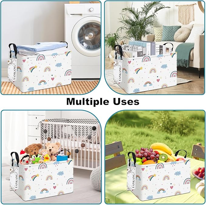 Storage Bins, Nursery Hamper Canvas Laundry Basket Foldable with Waterproof PE Coating Large Storage Baskets for Kids Boys and Girls, Office, Bedroom, Clothes,Toys(Rec-Love Rainbow）