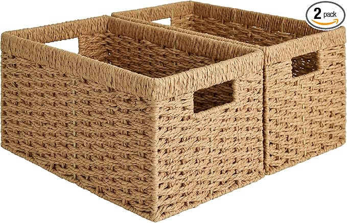 StorageWorks Round Paper Rope Storage Baskets, Rectangular Wicker Baskets with Built-in Handles, Medium, 13 ¼ x 8 ½ x 7 ¼ inches, 2-Pack