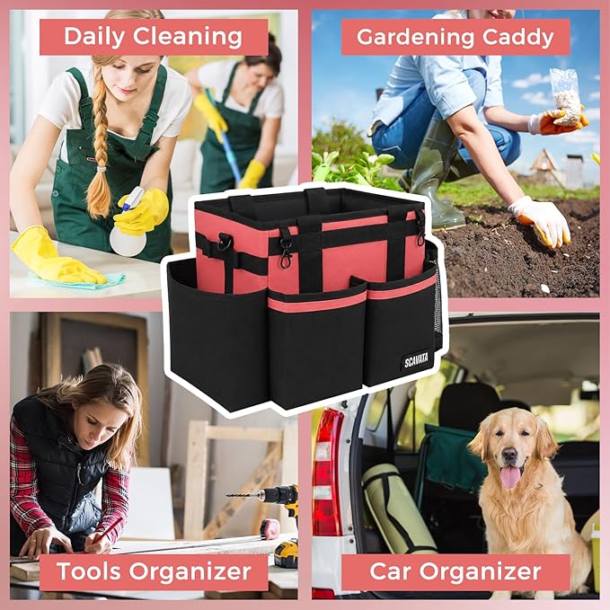 SCAVATA Compact Wearable Cleaning Caddy, Small Cleaning Caddy Supplies Organizer with Handle & Shoulder Straps for Housekeepers, Under Sink & Car Cleaning Tool Organizers Bag (CaralPink)