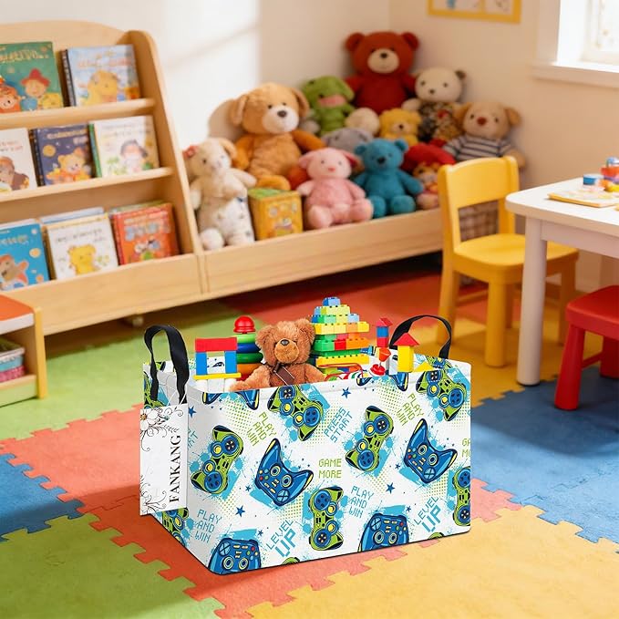 Storage Bins,Nursery Hamper Canvas Laundry Basket Foldable with Waterproof PE Coating Storage Baskets for Boys and Girls, Office, Bedroom, Clothes,Toys(Rec-Game ）