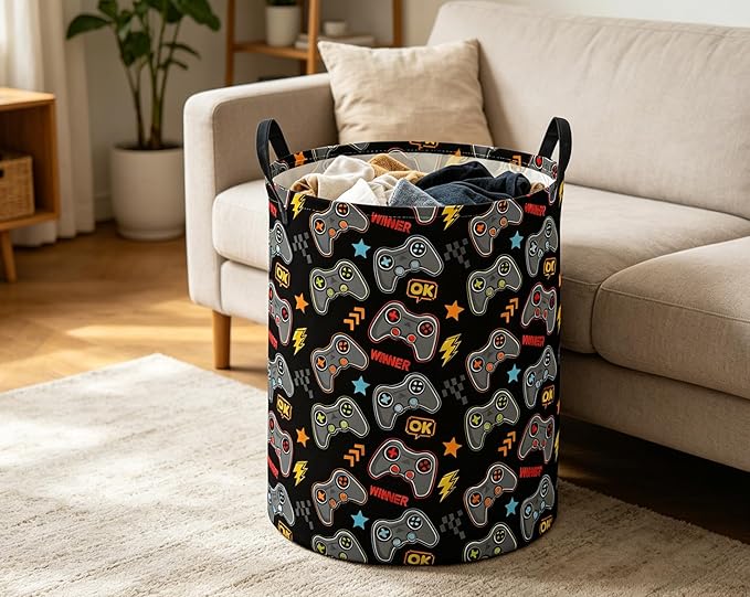 ESSME Kids Laundry Basket,Game Hamper Collapsible Canvas Waterproof Storage Bin for Boys, Cute Hamper,Gift Baskets(Game)