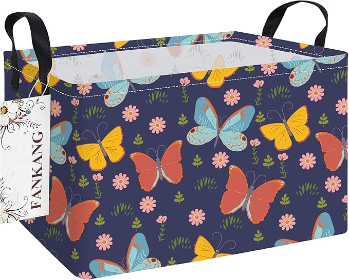 Storage Bins, Nursery Hamper Canvas Laundry Basket Foldable with Waterproof PE Coating Large Storage Baskets for Kids Boys and Girls, Office, Bedroom, Clothes,Toys(Rec-Colorful Butterfly ）