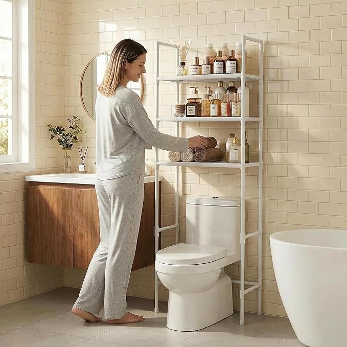 Renyqatt Over the Toilet Storage, 3-Tier Bathroom Organizer, Freestanding Above Toilet Shelf with Adjustable Feet, Space Saving, Easy Assembly, Carbon Steel Shelf, 61" H, White