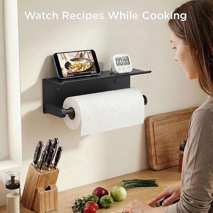 FORIOUS Paper Towel Holder with Shelf, SUS304 Stainless Steel Paper Towel Holder with Storage Shelf, Wall Mount Screw Paper Roll Organizer Commercial Paper Hand Towel Dispensers, Mattle Black