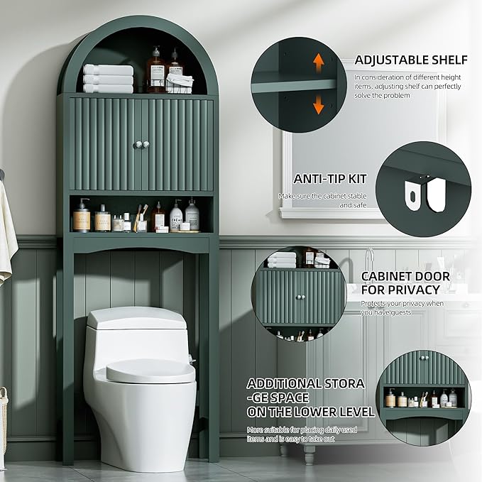 Spurgehom Over The Toilet Storage Cabinet, Bathroom Shelf Organizer Freestanding, Bathroom Arch Cabinet Over Toilet with Fluted Door and Anti-Tipping Device, Green