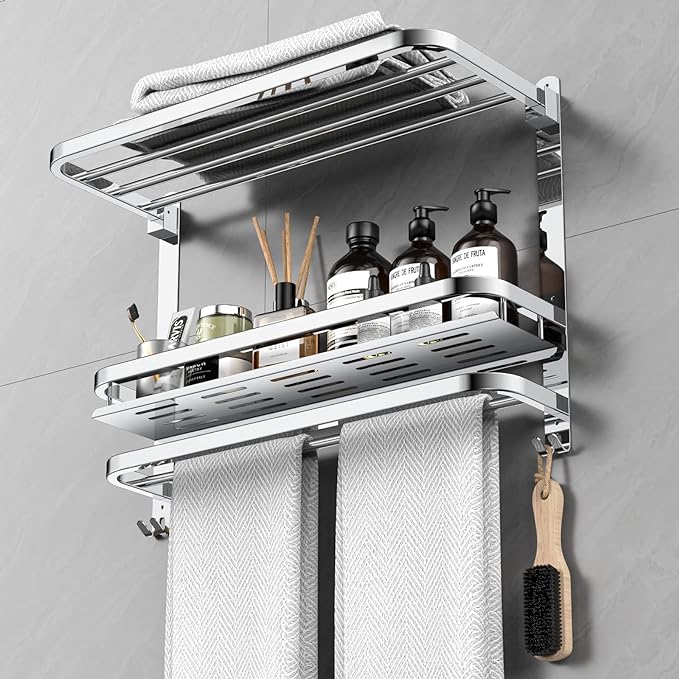 CAXIMSY 22.8Inch Towel Rack for Bathroom and Lavatory Towel Hanger with Wall Mount Towel Bars 304 Stainless Steel No Drill (Collapsible Towel Rack with Bathroom Organize Shower Shelves)