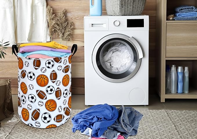 Round Colorful Basketballs Pattern Laundry Hamper Storage Basket Fabric Material Storage Hamper Organization Basket, Storage Bin, Gift Box with Handles for Room