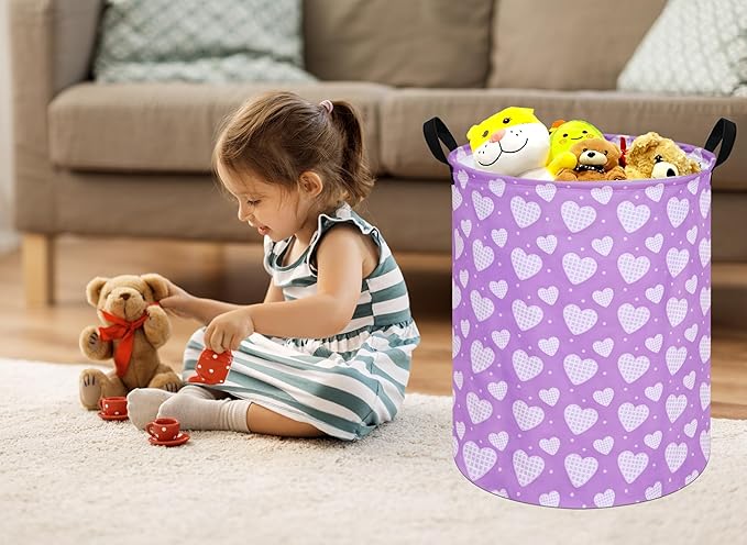 19.7 Inch Round Purple Love Laundry Hamper Laundry Basket Fabric Storage Hamper Organization Basket, Storage Bin, Toy Box,Valentine's Day Gift Basket with Handles for Room