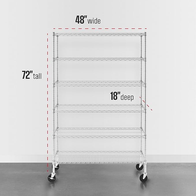SafeRacks - NSF Certified Storage Shelves, Zinc, Heavy Duty Steel Wire Unit with Wheels and Adjustable Feet, Garage or Bakers Rack, Kitchen, Pantry Shelf - (18"x48"x72" 6-Tier) (Silver)