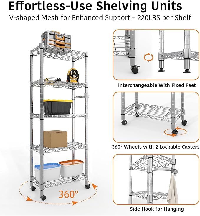 5-Tier Metal Wire Storage Rack with Lockable Wheels, Heavy Duty Shelving Unit Supports 1100 lbs, 61" Tall Rolling Organizer for Kitchen, Garage, or Bedroom