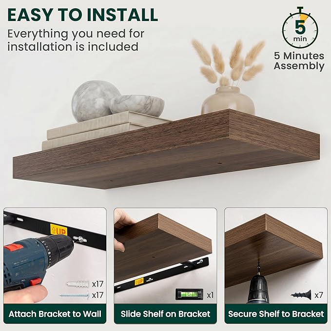 Floating Shelves for Wall 24 in x 9.3 in Deep, Wall Mounted Rustic Wood Shelf with Invisible Brackets for Storage & Display, Living Room Bedroom Bathroom, Walnut, 2 Pack