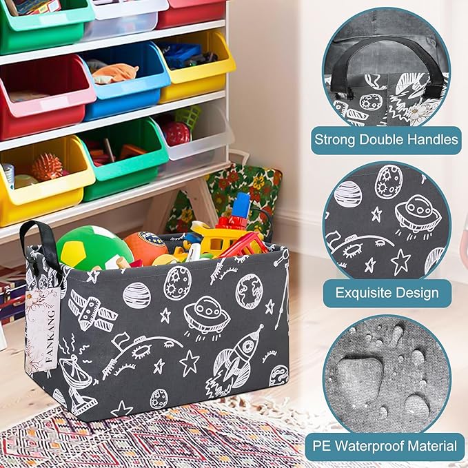 Storage Basket,Nursery Hamper Canvas Laundry Basket Foldable with Waterproof PE Coating Storage, Office, Bedroom, Clothes,Toys (Rec-Space Planet)
