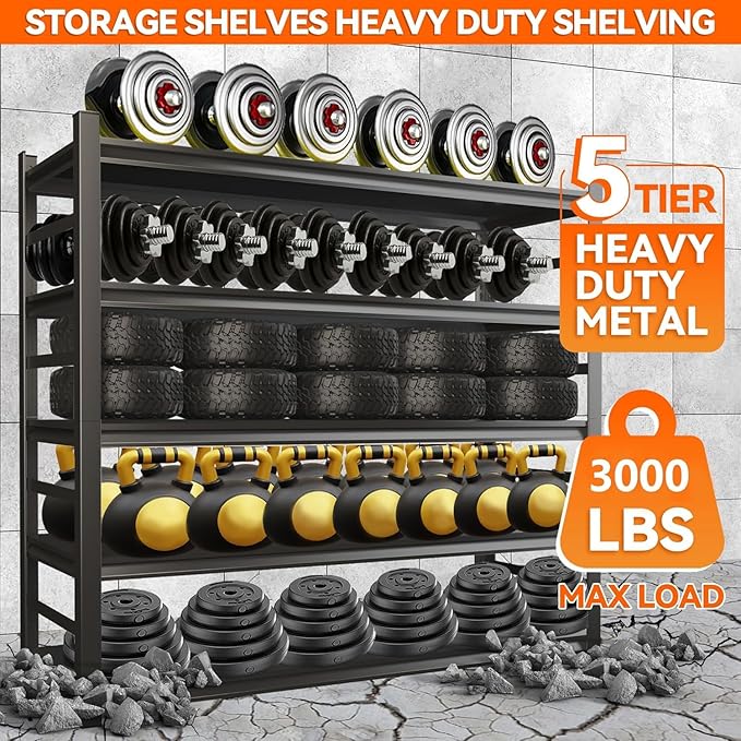 Metal Garage Shelving Unit, Heavy Duty Steel Storage Shelves, 3000 lbs Capacity, Adjustable 5-Tier Metal Shelf, Ideal for Garage, Warehouse, or Home Organization (with fence 47.2"W×23.6"D×87.9"H)