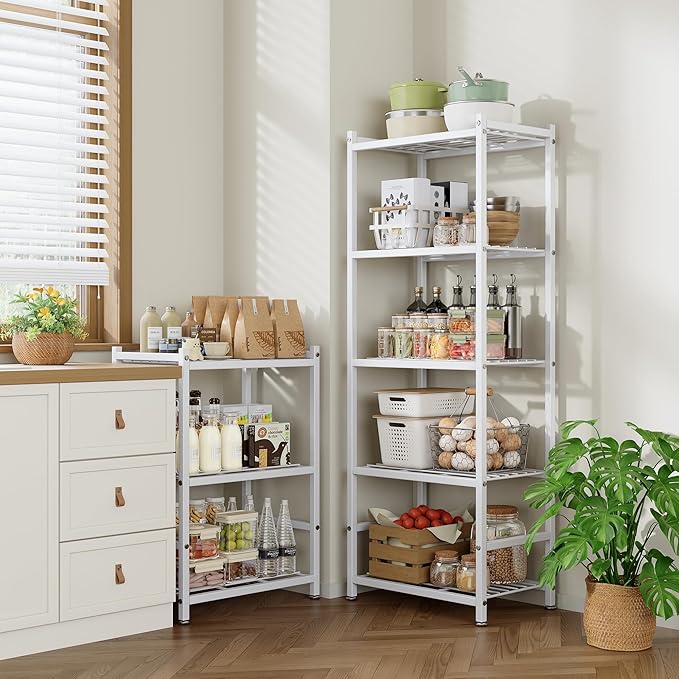 Small Storage Shelves, 5-Tier Metal Shelving Unit with Adjustable Feet, Compact Shelf Organizer for Garage, Kitchen, Pantry and Closet Organization, 11.8" x 17.7" x 56.3",White