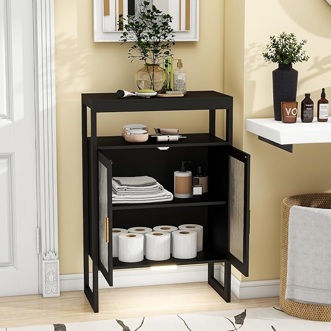 Bathroom Floor Storage Cabinet Freestanding Organizer with Sensor Light & Acrylic Doors for Bathroom, Home Office, Bedside, Sofa Side Table